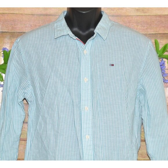 Tommy Hilfiger Mens Blue Linen Blend Striped Button Up Long Sleeve Shirt Size XL - Picture 2 of 9